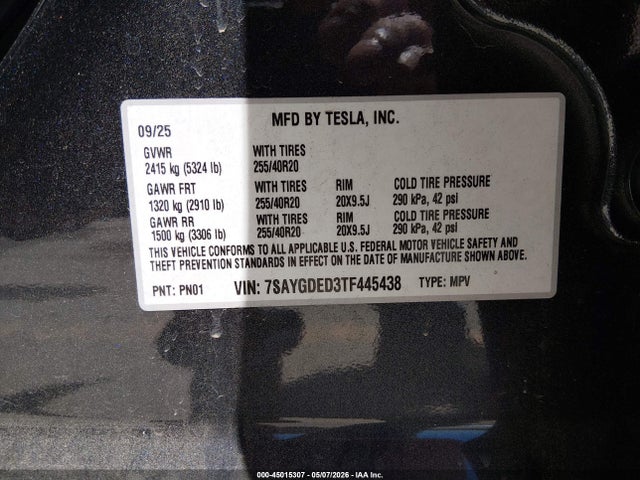 45015307 :رقم المزاد ، 7SAYGDED3TF445438 vin ، 2026 Tesla Model Y مزاد بيع
