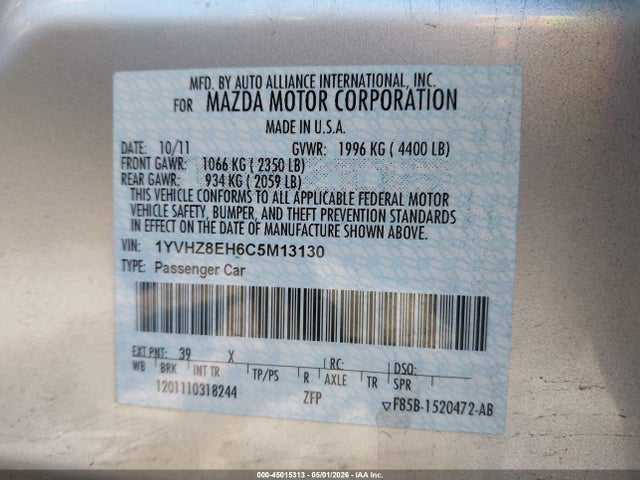 Aukcja sprzedaży 2012 Mazda Mazda6 I Touring Plus, vin: 1YVHZ8EH6C5M13130, numer aukcji: 45015313