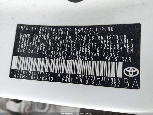 Продажа на аукционе авто 2016 Toyota Corolla Le, vin: 5YFBURHE3GP462845, номер лота: 45015315