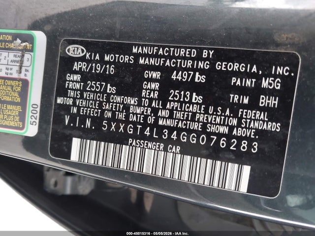 Продажа на аукционе авто 2016 Kia Optima Lx, vin: 5XXGT4L34GG076283, номер лота: 45015316