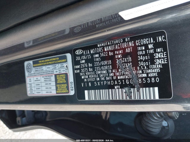 45015331 :رقم المزاد ، 5XYPHDA51GG085380 vin ، 2016 Kia Sorento 3.3l Ex مزاد بيع