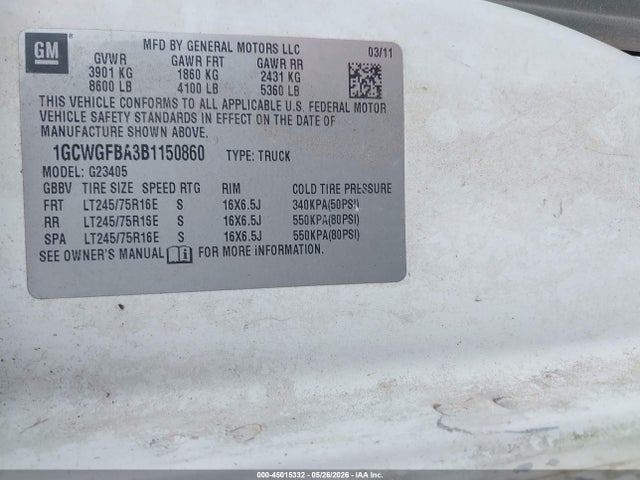 Aukcja sprzedaży 2011 Chevrolet Express 2500 Work Van, vin: 1GCWGFBA3B1150860, numer aukcji: 45015332