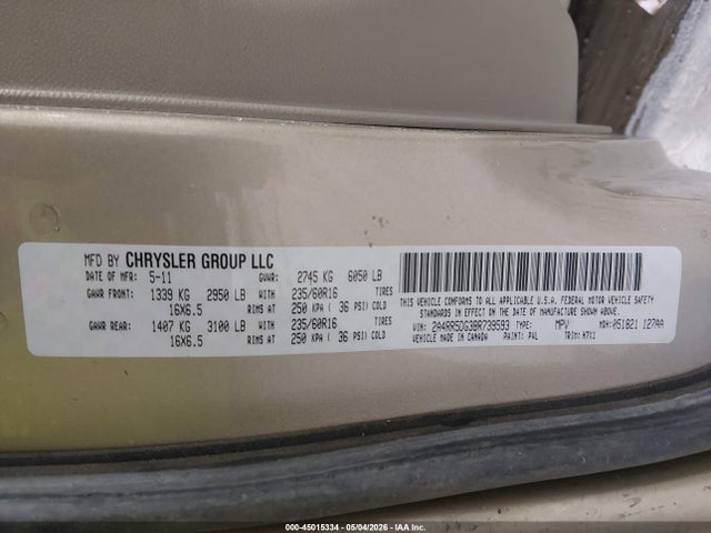 2011 Chrysler Town & Country Touring მანქანა იყიდება აუქციონზე, vin: 2A4RR5DG3BR739593, აუქციონის ნომერი: 45015334