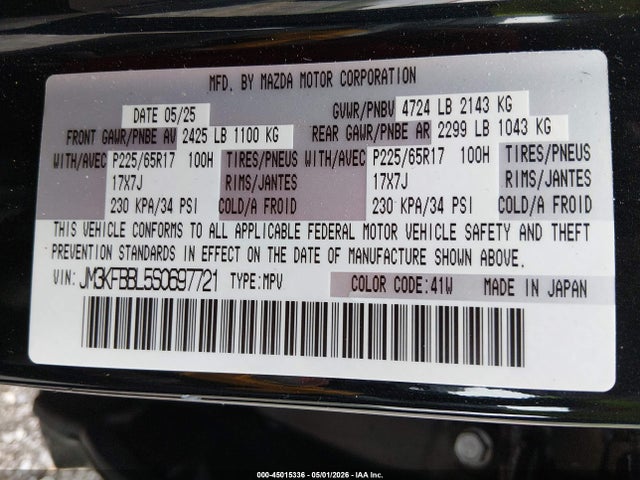 45015336 :رقم المزاد ، JM3KFBBL5S0697721 vin ، 2025 Mazda Cx-5 2.5 S Select مزاد بيع