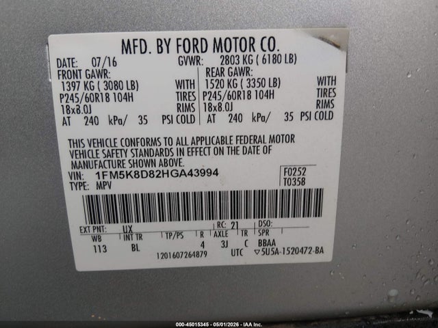 Продажа на аукционе авто 2017 Ford Explorer Xlt, vin: 1FM5K8D82HGA43994, номер лота: 45015345