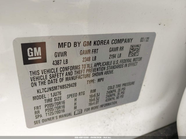 Продаж на аукціоні авто 2022 Chevrolet Trax Awd Ls, vin: KL7CJNSM7NB529428, номер лоту: 45015358