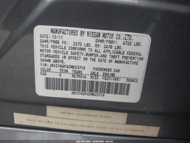 45015360 :رقم المزاد ، JN1CV6AP4CM623716 vin ، 2012 Infiniti G37 Journey مزاد بيع