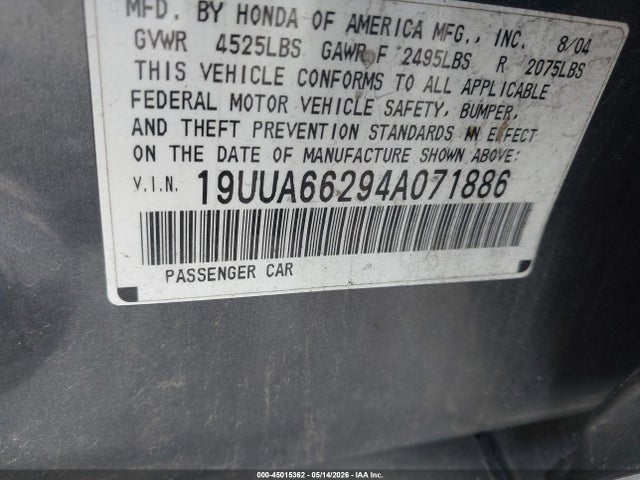45015362 :رقم المزاد ، 19UUA66294A071886 vin ، 2004 Acura Tl مزاد بيع