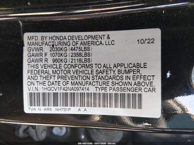 1HGCV1F42NA097414 Honda Accord Sport Special Edition