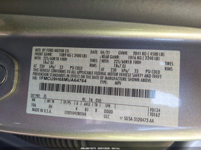 Продаж на аукціоні авто 2021 Ford Escape Sel, vin: 1FMCU9H68MUA64764, номер лоту: 45015370
