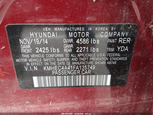2015 Hyundai Sonata Hybrid Limited მანქანა იყიდება აუქციონზე, vin: KMHEC4A41FA135749, აუქციონის ნომერი: 45015381