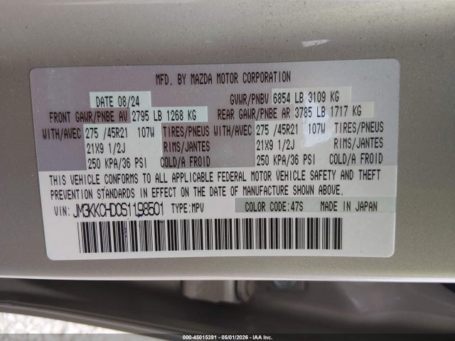 45015391 :رقم المزاد ، JM3KKCHD0S1198501 vin ، 2025 Mazda Cx-90 3.3 Turbo Premium Sport مزاد بيع