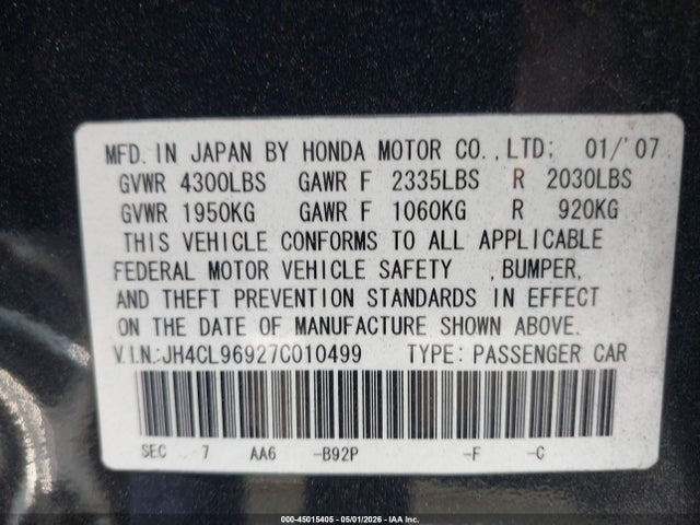 Продажа на аукционе авто 2007 Acura Tsx, vin: JH4CL96927C010499, номер лота: 45015405
