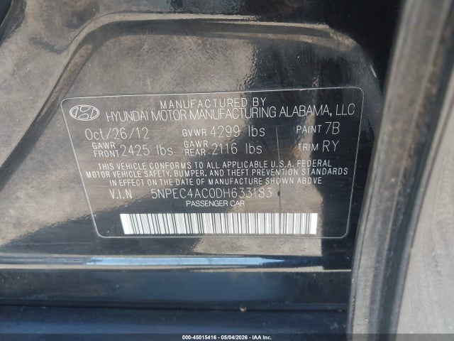 Aukcja sprzedaży 2013 Hyundai Sonata Se, vin: 5NPEC4AC0DH633183, numer aukcji: 45015416