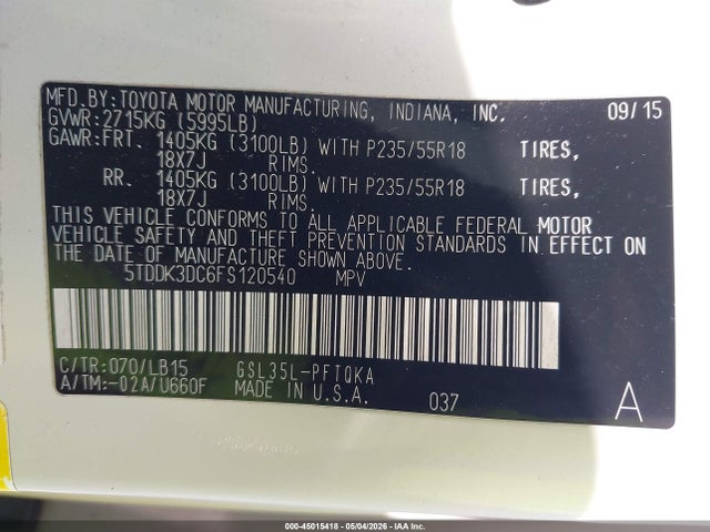 Aukcja sprzedaży 2015 Toyota Sienna Limited Premium 7 Passenger, vin: 5TDDK3DC6FS120540, numer aukcji: 45015418