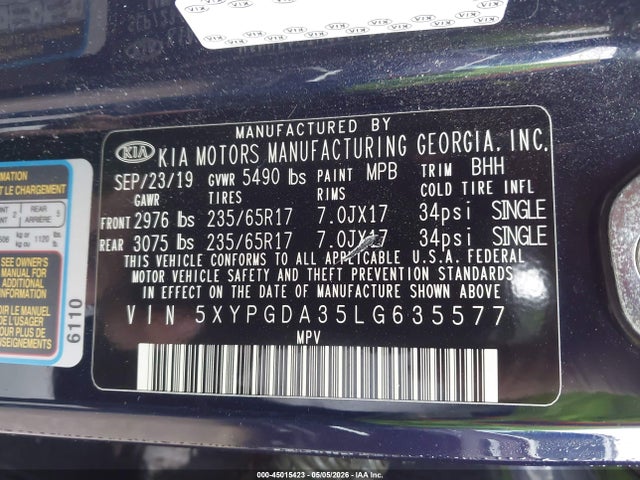 2020 Kia Sorento 2.4l Lx მანქანა იყიდება აუქციონზე, vin: 5XYPGDA35LG635577, აუქციონის ნომერი: 45015423