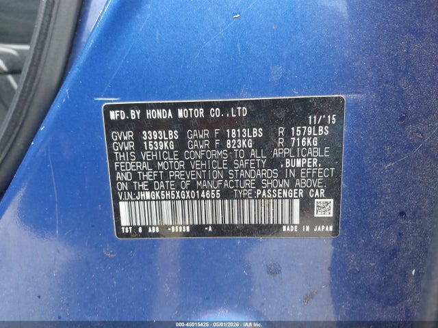 Aukcja sprzedaży 2016 Honda Fit Lx, vin: JHMGK5H5XGX014655, numer aukcji: 45015425