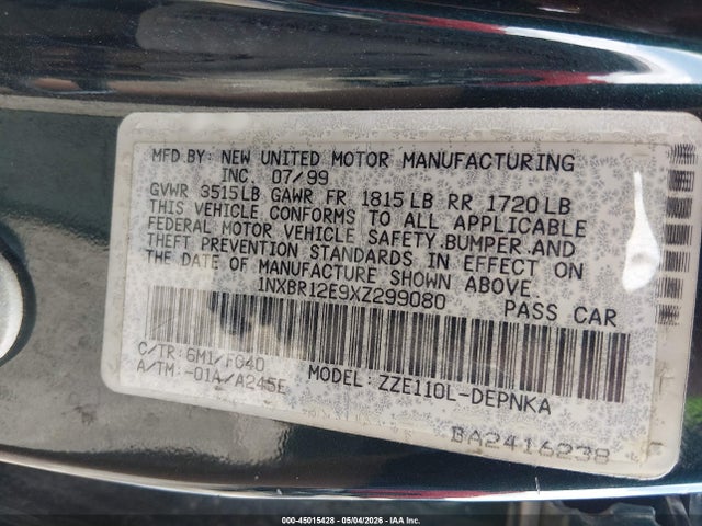 45015428 :رقم المزاد ، 1NXBR12E9XZ299080 vin ، 1999 Toyota Corolla Le مزاد بيع
