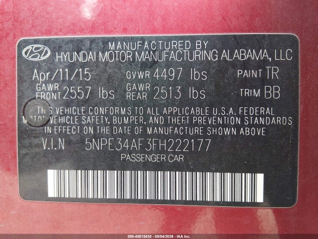 5NPE34AF3FH222177 Hyundai Sonata Limited