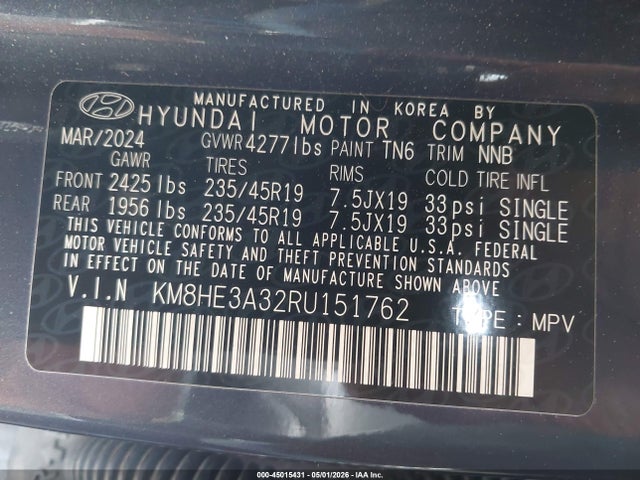 2024 Hyundai Kona Limited მანქანა იყიდება აუქციონზე, vin: KM8HE3A32RU151762, აუქციონის ნომერი: 45015431