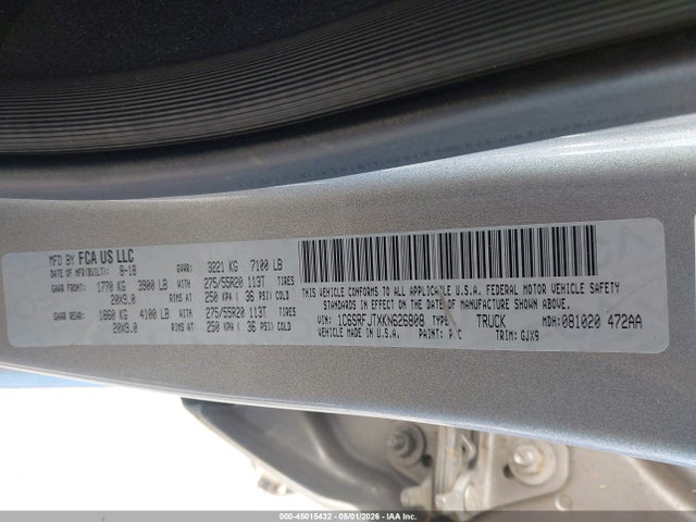 Aukcja sprzedaży 2019 Ram 1500 Laramie  4x4 5'7 Box, vin: 1C6SRFJTXKN626808, numer aukcji: 45015432