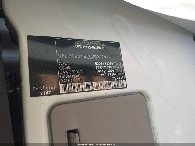 45015441 :رقم المزاد ، WDAPF4CC4B9479471 vin ، 2011 Mercedes-benz Sprinter 3500 مزاد بيع