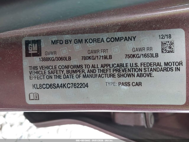 45015443 :رقم المزاد ، KL8CD6SA4KC762204 vin ، 2019 Chevrolet Spark 1lt Cvt مزاد بيع