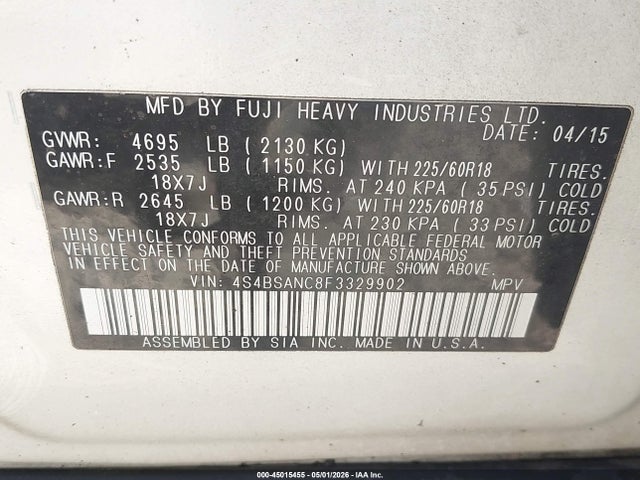 45015455 :رقم المزاد ، 4S4BSANC8F3329902 vin ، 2015 Subaru Outback 2.5i Limited مزاد بيع