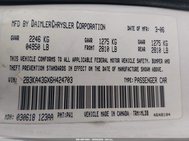 Aukcja sprzedaży 2006 Dodge Charger, vin: 2B3KA43GX6H424703, numer aukcji: 45015461