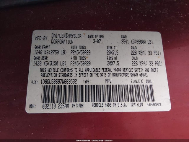 45015466 :رقم المزاد ، 1D8GU58697W669532 vin ، 2007 Dodge Nitro Slt/rt مزاد بيع