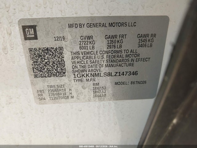 Aukcja sprzedaży 2020 Gmc Acadia Fwd Slt, vin: 1GKKNMLS8LZ147346, numer aukcji: 45015469