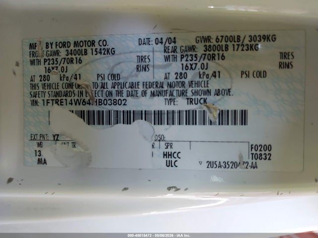 Продажа на аукционе авто 2004 Ford E-150 Commercial/recreational, vin: 1FTRE14W64HB03802, номер лота: 45015472