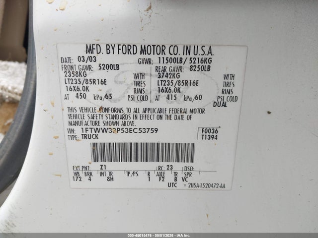 45015476 :رقم المزاد ، 1FTWW33P53EC53759 vin ، 2003 Ford F-350 Lariat/xl/xlt مزاد بيع