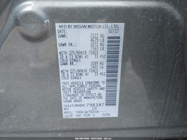 Aukcja sprzedaży 2017 Nissan Rogue Sl, vin: 5N1AT2MV0HC798387, numer aukcji: 45015480