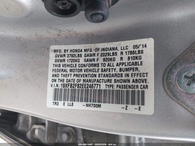 45015497 :رقم المزاد ، 19XFB2F82EE246771 vin ، 2014 Honda Civic Ex مزاد بيع