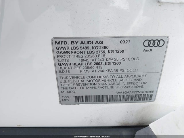 2022 Audi Q5 Premium 45 Tfsi S Line Quattro S Tronic მანქანა იყიდება აუქციონზე, vin: WA1GAAFY2N2018455, აუქციონის ნომერი: 45015508