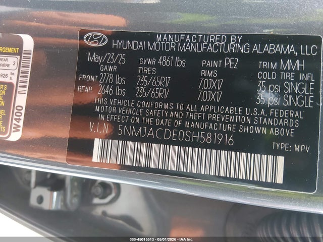 2025 Hyundai Tucson Se მანქანა იყიდება აუქციონზე, vin: 5NMJACDE0SH581916, აუქციონის ნომერი: 45015513