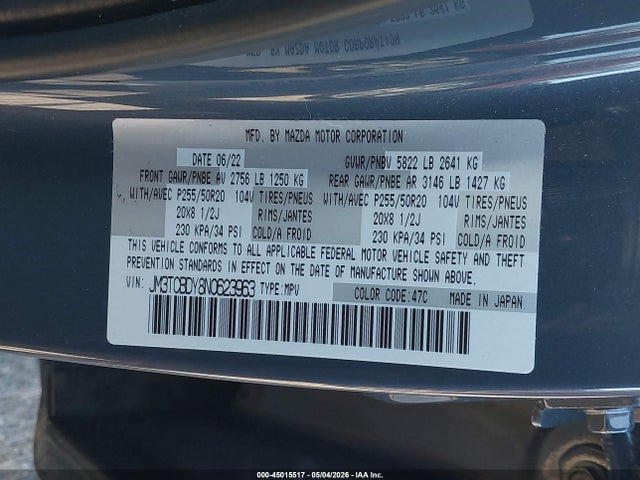 45015517 :رقم المزاد ، JM3TCBDY8N0623963 vin ، 2022 Mazda Cx-9 Carbon Edition مزاد بيع
