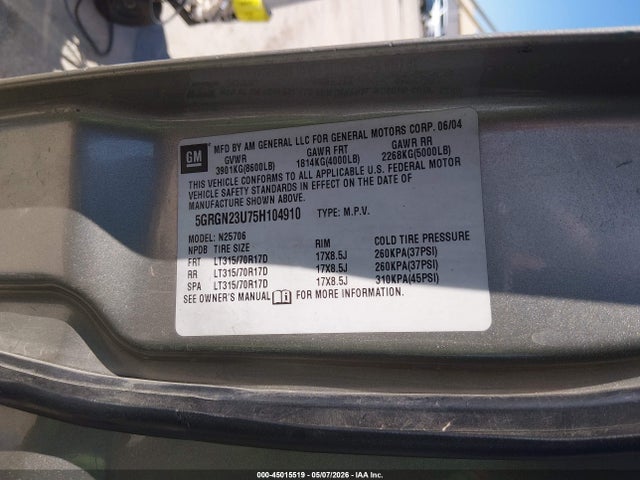 45015519 :رقم المزاد ، 5GRGN23U75H104910 vin ، 2005 Hummer H2 Suv مزاد بيع