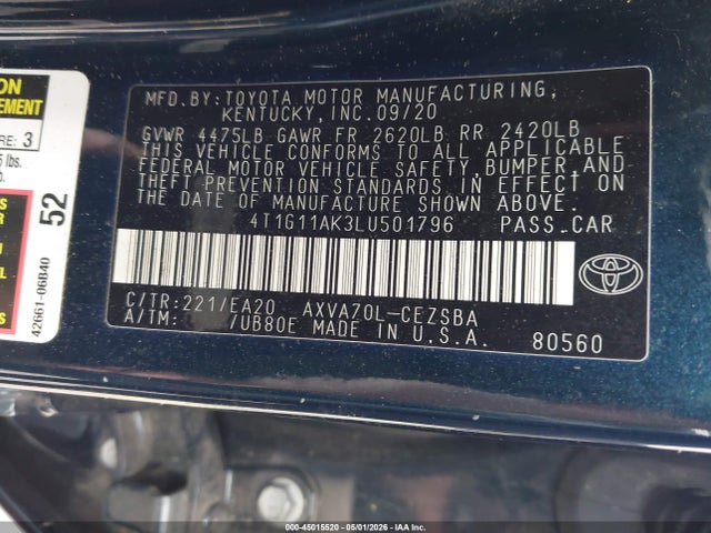 Продажа на аукционе авто 2020 Toyota Camry Se, vin: 4T1G11AK3LU501796, номер лота: 45015520
