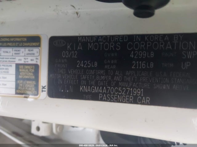 Продажа на аукционе авто 2012 Kia Optima Lx, vin: KNAGM4A70C5271991, номер лота: 45015529
