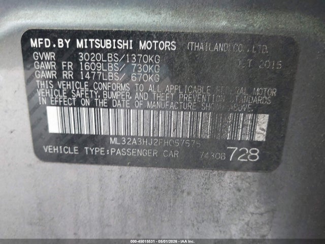 Aukcja sprzedaży 2015 Mitsubishi Mirage De, vin: ML32A3HJ2FH057575, numer aukcji: 45015531