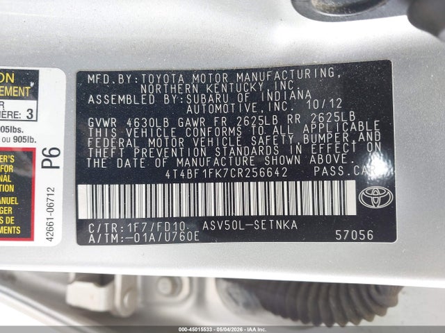 45015533 :رقم المزاد ، 4T4BF1FK7CR256642 vin ، 2012 Toyota Camry Le مزاد بيع