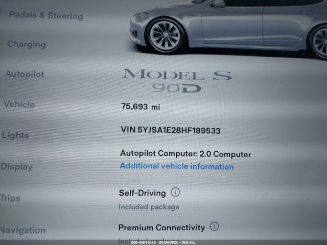 2017 Tesla Model S 100d/60d/75d/90d/p100d მანქანა იყიდება აუქციონზე, vin: 5YJSA1E28HF189533, აუქციონის ნომერი: 45015544