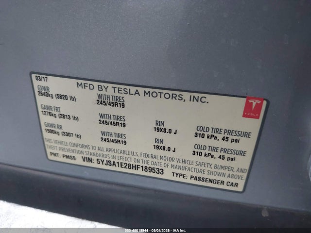 2017 Tesla Model S 100d/60d/75d/90d/p100d მანქანა იყიდება აუქციონზე, vin: 5YJSA1E28HF189533, აუქციონის ნომერი: 45015544