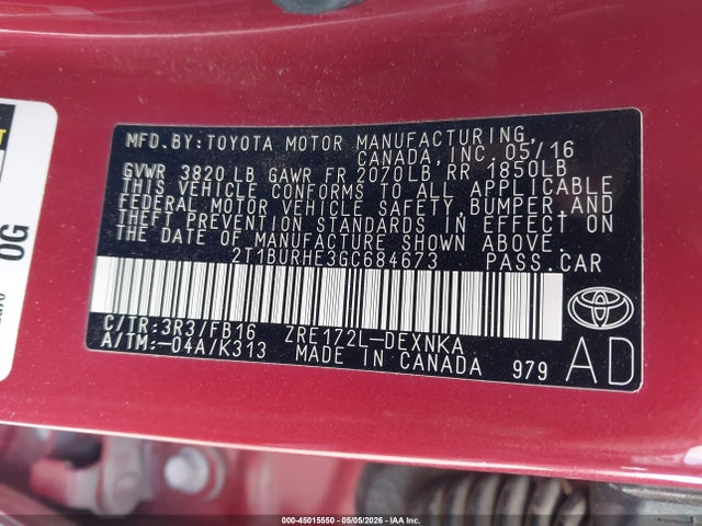 Toyota COROLLA LE 2016 2T1BURHE3GC684673 Image 9