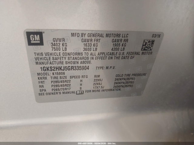 Aukcja sprzedaży 2016 Gmc Yukon Xl Denali, vin: 1GKS2HKJ5GR335904, numer aukcji: 45015556