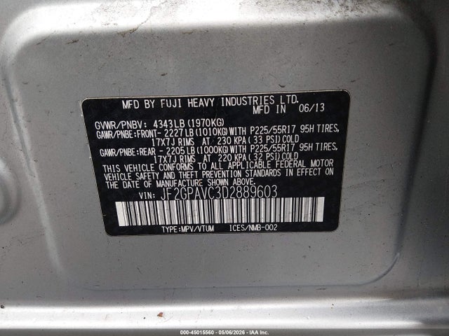 2013 Subaru Xv Crosstrek 2.0i Premium მანქანა იყიდება აუქციონზე, vin: JF2GPAVC3D2889603, აუქციონის ნომერი: 45015560