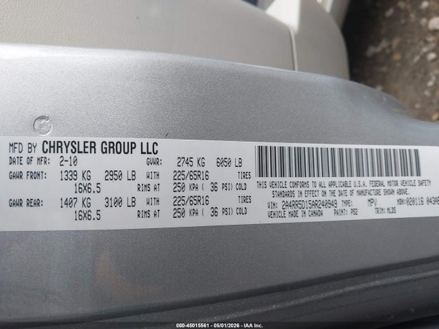 2010 Chrysler Town & Country Touring მანქანა იყიდება აუქციონზე, vin: 2A4RR5D15AR240949, აუქციონის ნომერი: 45015561