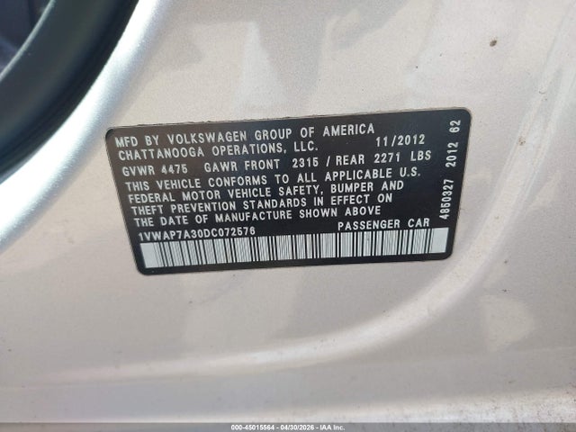 2013 Volkswagen Passat 2.5l S მანქანა იყიდება აუქციონზე, vin: 1VWAP7A30DC072576, აუქციონის ნომერი: 45015564